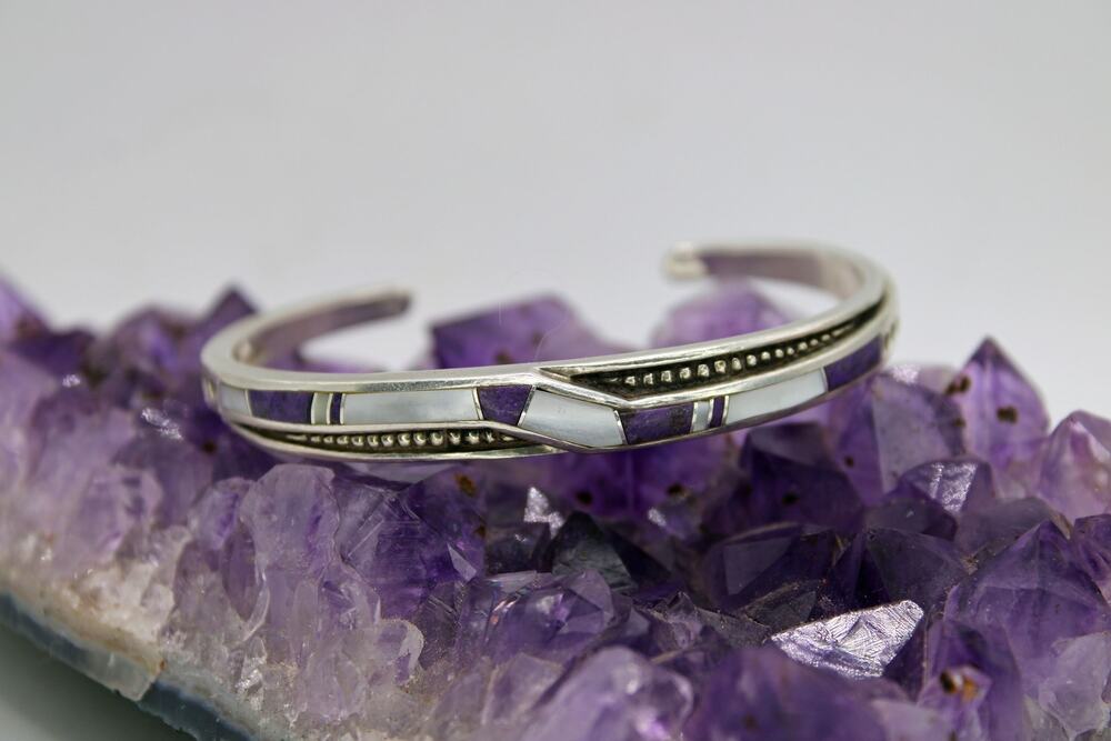 George Begay Navajo Sterling Silver Geometric Inlay Cuff Bracelet